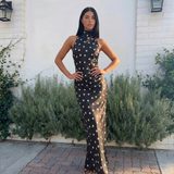Sukienka maxi satynowa w grochy z halter neck dla kobiet