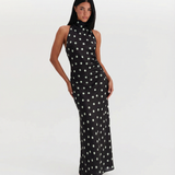Sukienka maxi satynowa w grochy z halter neck dla kobiet