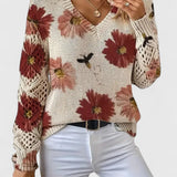 Sweter damski w kwiaty z dekoltem w serek