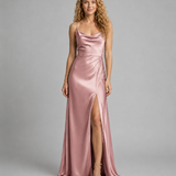 Aurora – satynowa sukienka maxi z eleganckim rozcięciem